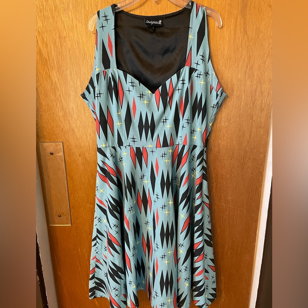 Sourpuss harlequin retro diamonds print swing dress size large